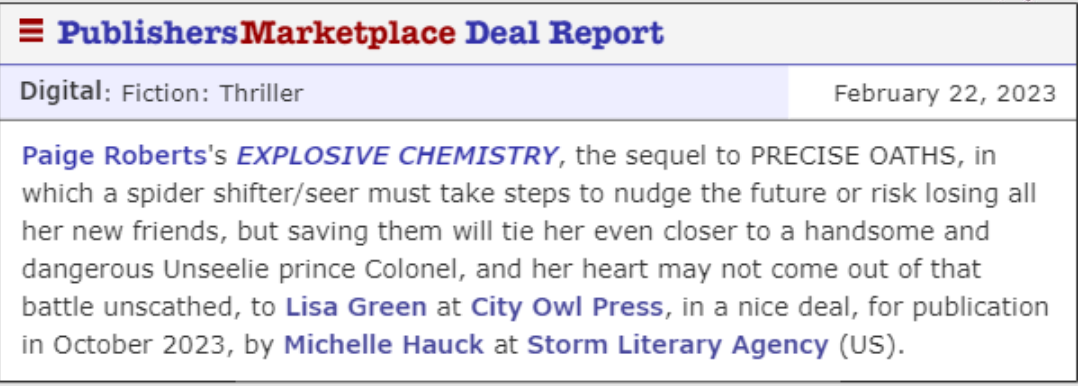 Explosive Chemistry deal with City Owl Press on Publisher's Marketplace