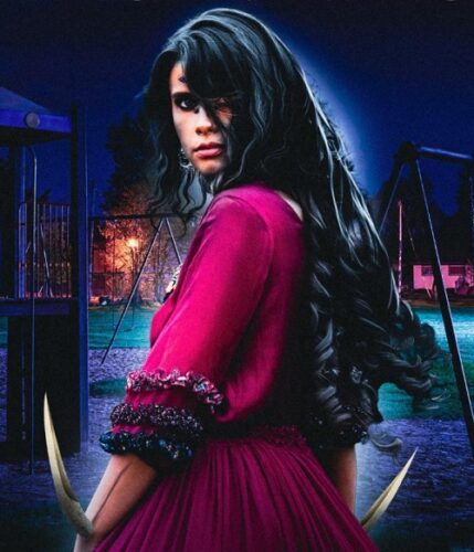 Precise Oaths cover - Woman at night in suburbs with long black hair, bright red dress, too many eyes and blades on her arms.